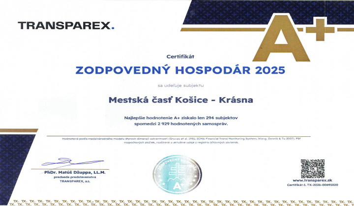 1. fotografia fotogalérie Aktuality / Mestská časť získala prestížne hodnotenie A+ za vynikajúce finančné zdravie - foto