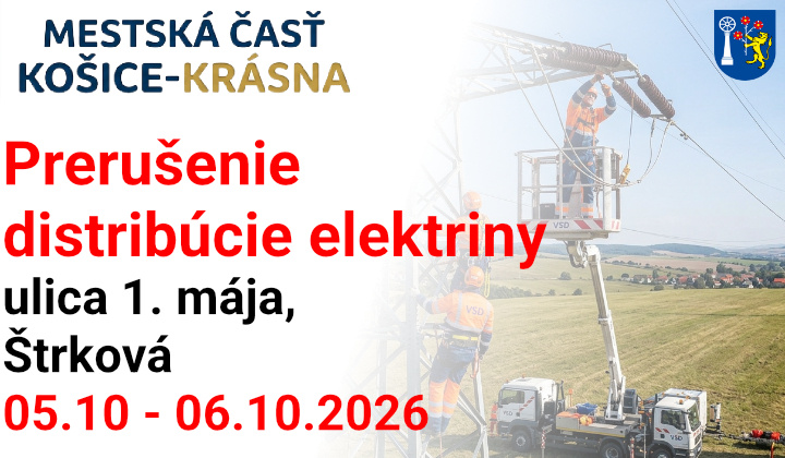 Fotka - Oznámenie o prerušení distribúcie elektriny na ulici 1. mája, Štrková (05.10-06.10.2026)