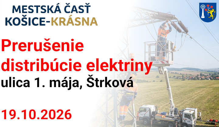 Fotka - Oznámenie o prerušení distribúcie elektriny na ulici 1. mája, Štrková (19.10.2026)