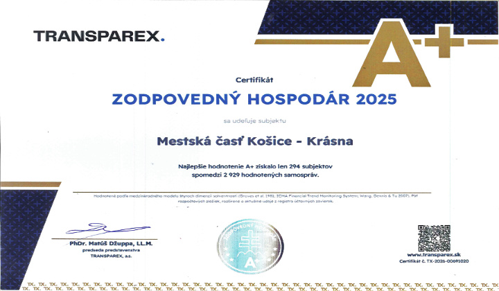 Fotka - Mestská časť získala prestížne hodnotenie A+ za vynikajúce finančné zdravie